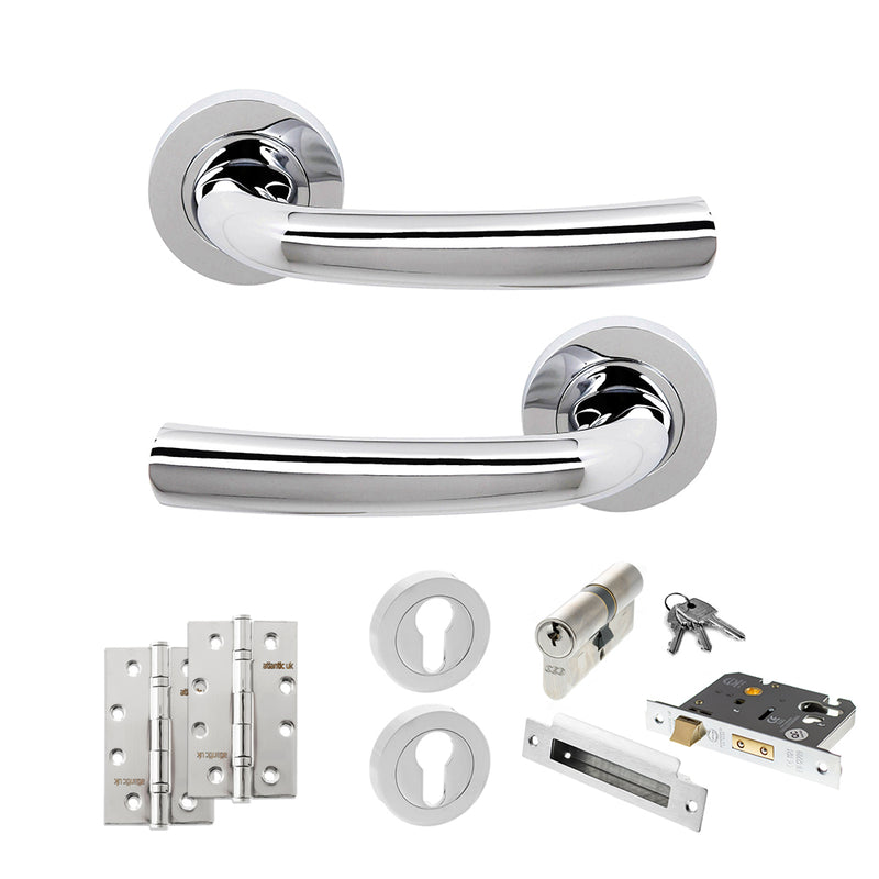 STATUS Nevada Door Handle Pack (Euro Lock Set - 2.5" CE Sashlock, 4" Slim Knuckle Hinges x2) - Polished Chrome - ADPS21RPC24