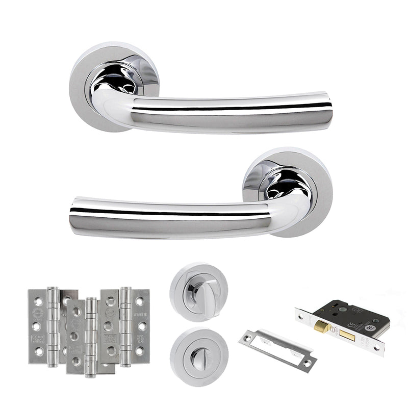 STATUS Nevada Door Handle Pack (Bathroom Set - 2.5" CE Bathroom Lock, 3" Fire Rated Hinges x3) - Polished Chrome - ADPS21RPC8 - Choice Handles