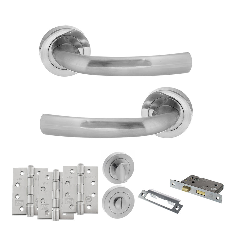 STATUS Nevada Door Handle Pack (Bathroom Set - 3" CE Bathroom Lock, 4" Fire Rated Hinges x3) - Satin Chrome - ADPS21RSC11
