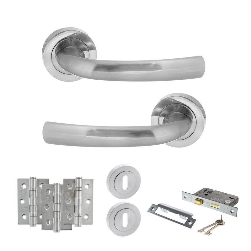 STATUS Nevada Door Handle Pack (3 Lever Lock Set - 2.5" CE Sashlock, 3" Fire Rated Hinges x3) - Satin Chrome - ADPS21RSC14 - Choice Handles