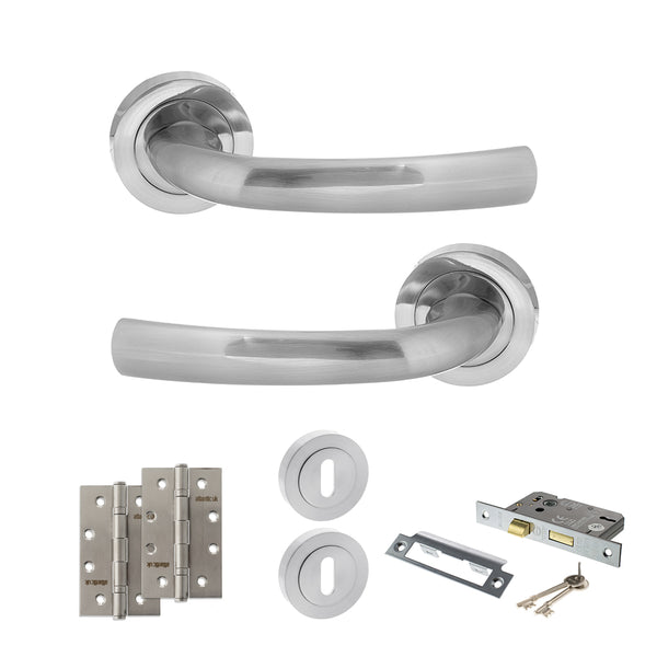 STATUS Nevada Door Handle Pack (3 Lever Lock Set - 3" CE Sashlock, 4" Slim Knuckle Hinges x2) - Satin Chrome - ADPS21RSC19