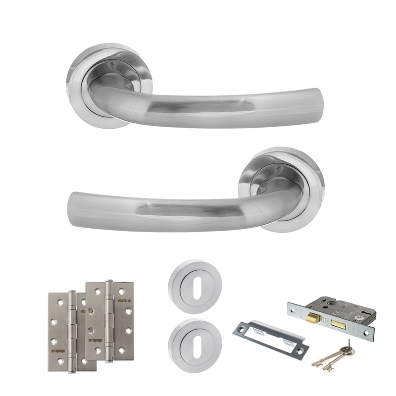 STATUS Nevada Door Handle Pack (3 Lever Lock Set - 3" CE Sashlock, 4" Slim Knuckle Hinges x2) - Satin Chrome - ADPS21RSC19