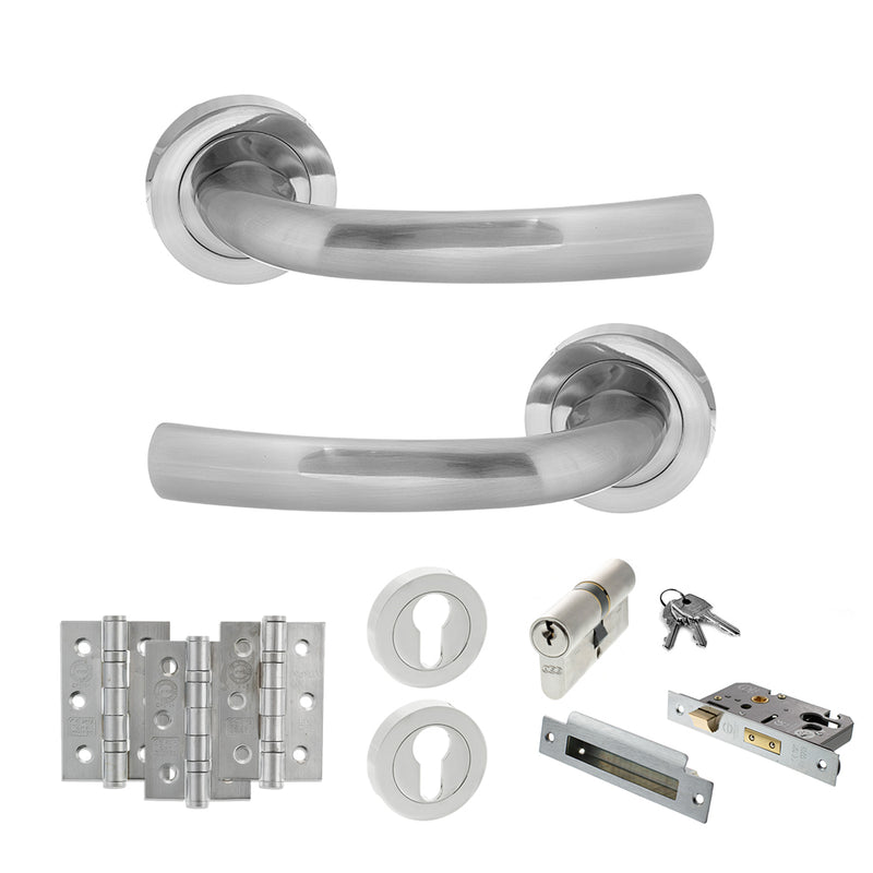 STATUS Nevada Door Handle Pack (Euro Lock Set - 2.5" CE Sashlock, 3" Fire Rated Hinges x3) - Satin Chrome - ADPS21RSC20 - Choice Handles