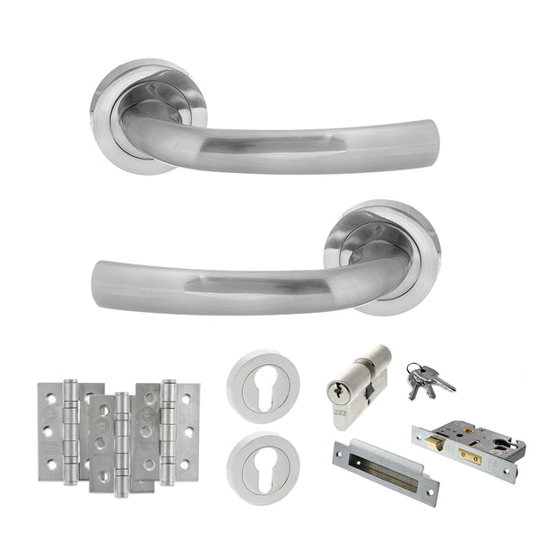 STATUS Nevada Door Handle Pack (Euro Lock Set - 3" CE Sashlock, 3" Fire Rated Hinges x3) - Satin Chrome - ADPS21RSC21