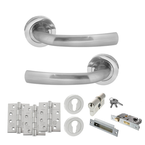 STATUS Nevada Door Handle Pack (Euro Lock Set - 2.5" CE Sashlock, 4" Fire Rated Hinges x3) - Satin Chrome - ADPS21RSC22