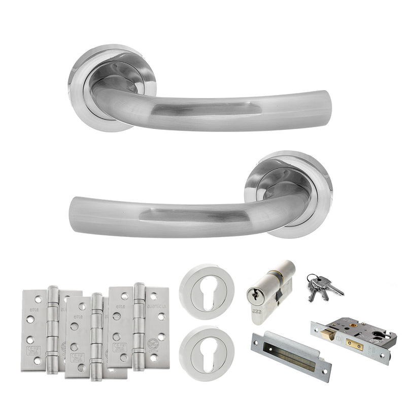 STATUS Nevada Door Handle Pack (Euro Lock Set - 3" CE Sashlock, 4" Fire Rated Hinges x3) - Satin Chrome - ADPS21RSC23 - Choice Handles