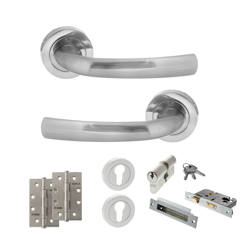 STATUS Nevada Door Handle Pack (Euro Lock Set - 2.5" CE Sashlock, 4" Slim Knuckle Hinges x2) - Satin Chrome - ADPS21RSC24 - Choice Handles