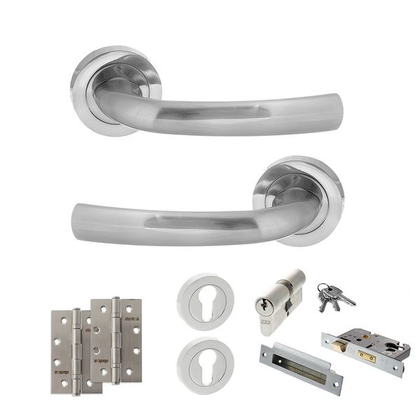 STATUS Nevada Door Handle Pack (Euro Lock Set - 3" CE Sashlock, 4" Slim Knuckle Hinges x2) - Satin Chrome - ADPS21RSC25