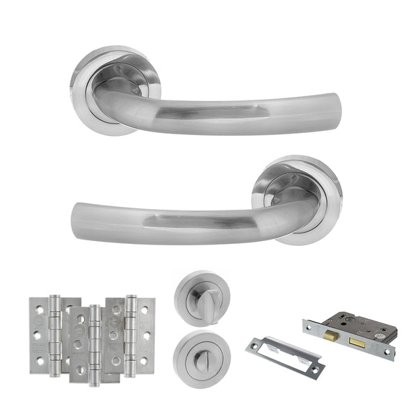 STATUS Nevada Door Handle Pack (Bathroom Set - 2.5" CE Bathroom Lock, 3" Fire Rated Hinges x3) - Satin Chrome - ADPS21RSC8