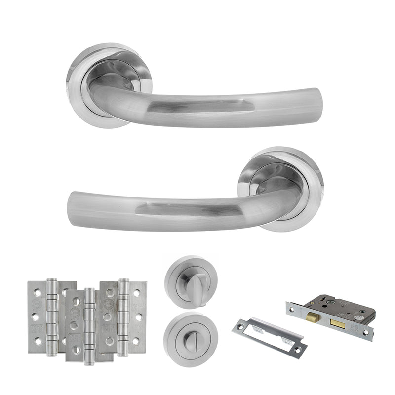 STATUS Nevada Door Handle Pack (Bathroom Set - 2.5" CE Bathroom Lock, 3" Fire Rated Hinges x3) - Satin Chrome - ADPS21RSC8 - Choice Handles