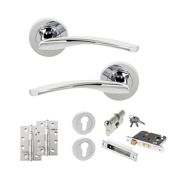 STATUS Arizona Door Handle Pack (Euro Lock Set - 2.5" CE Sashlock, 4" Slim Knuckle Hinges x2) - Polished Chrome - ADPS22RPC24 - Choice Handles