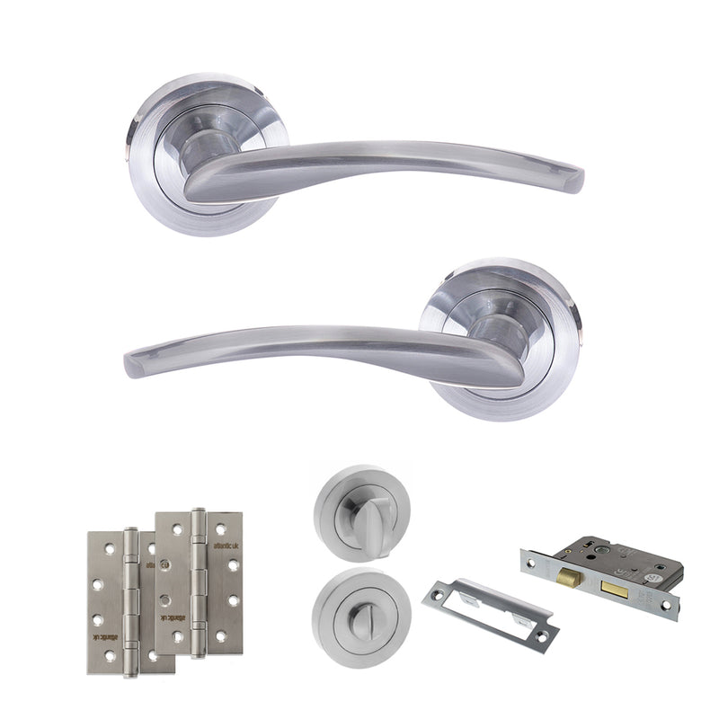 STATUS Arizona Door Handle Pack (Bathroom Set - 3" CE Bathroom Lock, 4" Slim Knuckle Hinges x2) - Satin Chrome - ADPS22RSC13 - Choice Handles