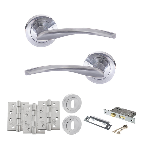 STATUS Arizona Door Handle Pack (3 Lever Lock Set - 3" CE Sashlock, 4" Fire Rated Hinges x3) - Satin Chrome - ADPS22RSC17 - Choice Handles