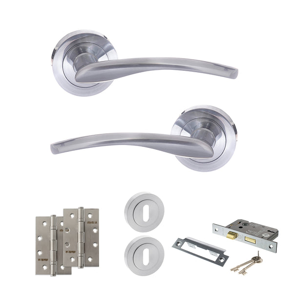 STATUS Arizona Door Handle Pack (3 Lever Lock Set - 3" CE Sashlock, 4" Slim Knuckle Hinges x2) - Satin Chrome - ADPS22RSC19 - Choice Handles