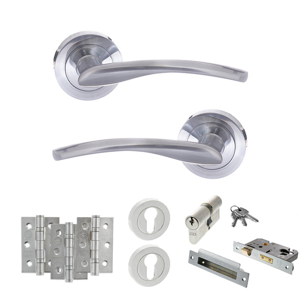STATUS Arizona Door Handle Pack (Euro Lock Set - 2.5" CE Sashlock, 3" Fire Rated Hinges x3) - Satin Chrome - ADPS22RSC20 - Choice Handles