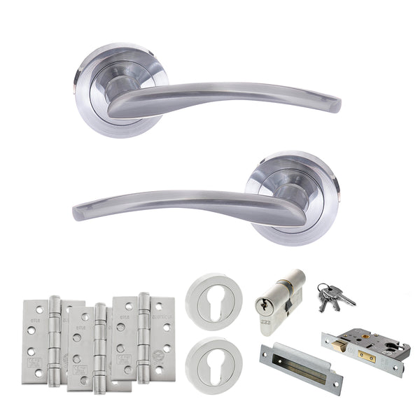 STATUS Arizona Door Handle Pack (Euro Lock Set - 3" CE Sashlock, 4" Fire Rated Hinges x3) - Satin Chrome - ADPS22RSC23 - Choice Handles