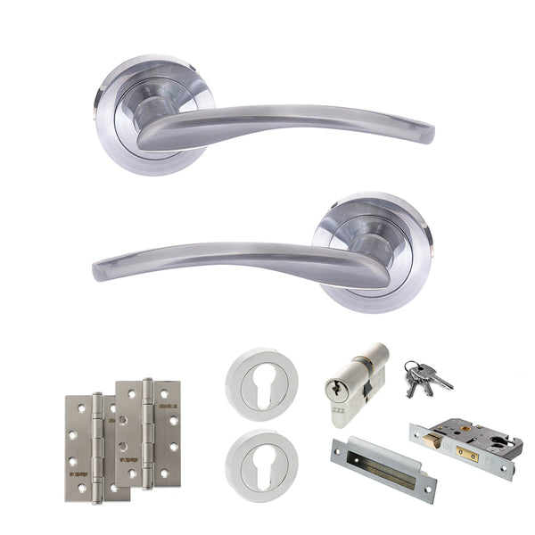 STATUS Arizona Door Handle Pack (Euro Lock Set - 2.5" CE Sashlock, 4" Slim Knuckle Hinges x2) - Satin Chrome - ADPS22RSC24 - Choice Handles