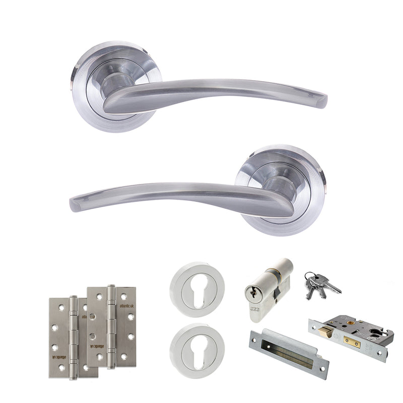 STATUS Arizona Door Handle Pack (Euro Lock Set - 2.5" CE Sashlock, 4" Slim Knuckle Hinges x2) - Satin Chrome - ADPS22RSC24 - Choice Handles