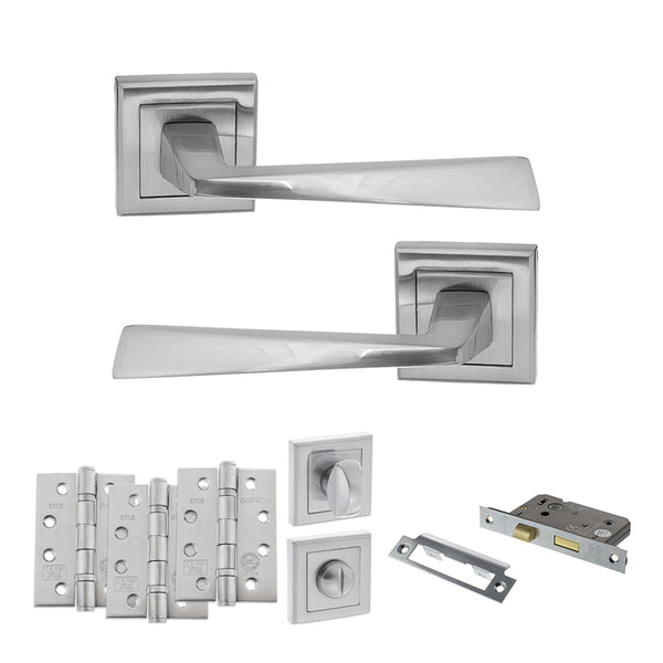 STATUS California Door Handle Pack (Bathroom Set - 2.5" CE Bathroom Lock, 4" Fire Rated Hinges x3) - Satin Chrome - ADPS23SSC10 - Choice Handles