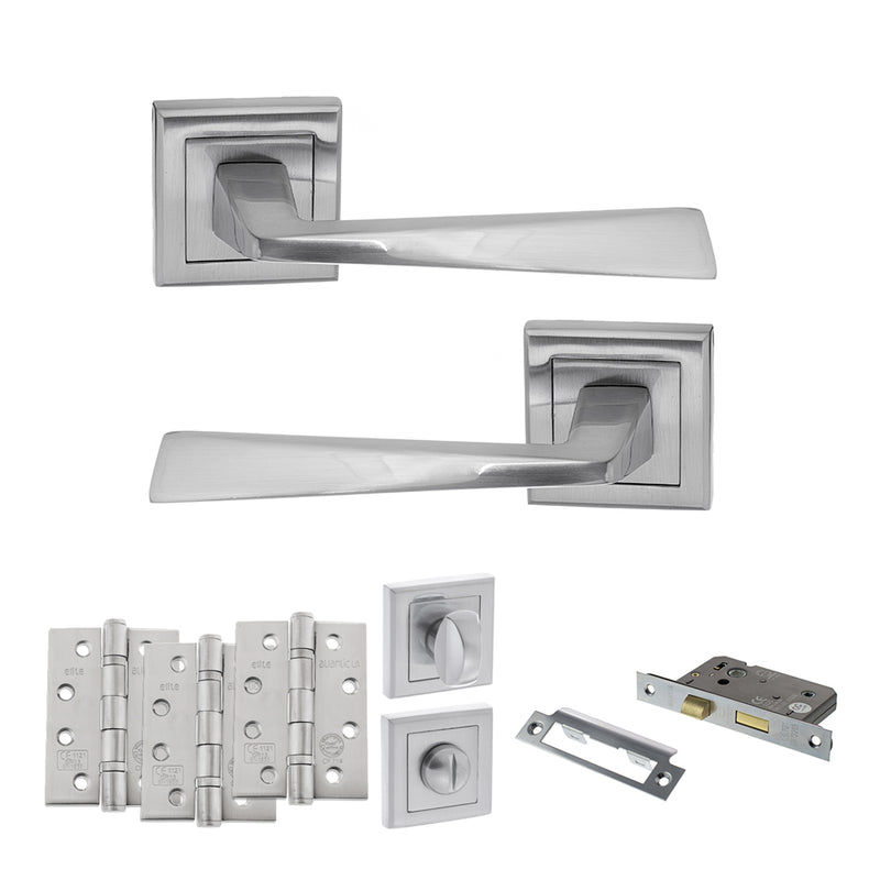 STATUS California Door Handle Pack (Bathroom Set - 3" CE Bathroom Lock, 4" Fire Rated Hinges x3) - Satin Chrome - ADPS23SSC11 - Choice Handles