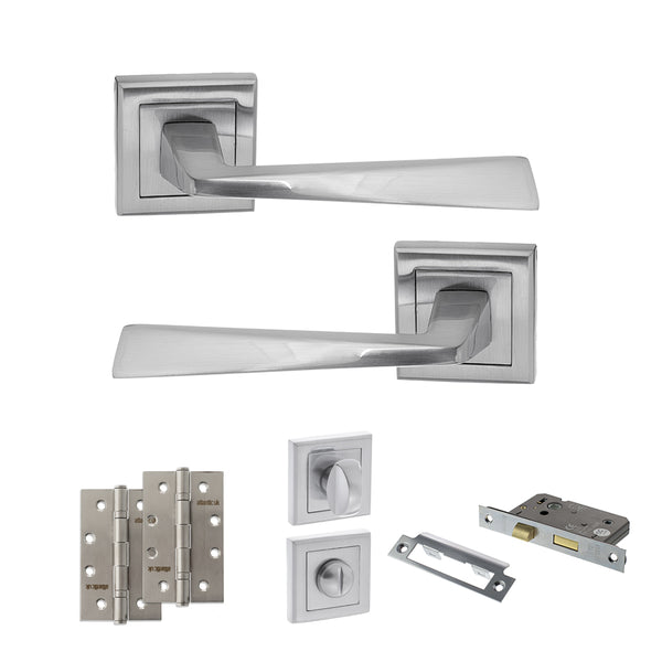 STATUS California Door Handle Pack (Bathroom Set - 2.5" CE Bathroom Lock, 4" Slim Knuckle Hinges x2) - Satin Chrome - ADPS23SSC12 - Choice Handles