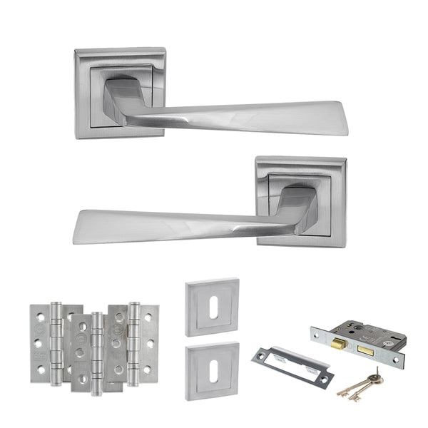STATUS California Door Handle Pack (3 Lever Lock Set - 2.5" CE Sashlock, 3" Fire Rated Hinges x3) - Satin Chrome - ADPS23SSC14 - Choice Handles