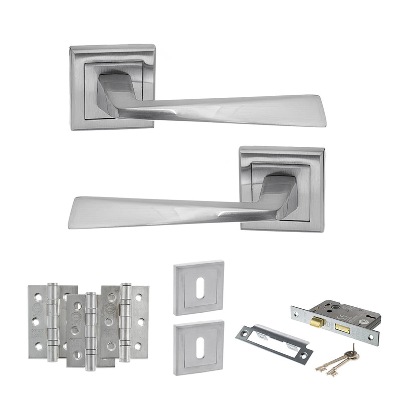 STATUS California Door Handle Pack (3 Lever Lock Set - 2.5" CE Sashlock, 3" Fire Rated Hinges x3) - Satin Chrome - ADPS23SSC14 - Choice Handles