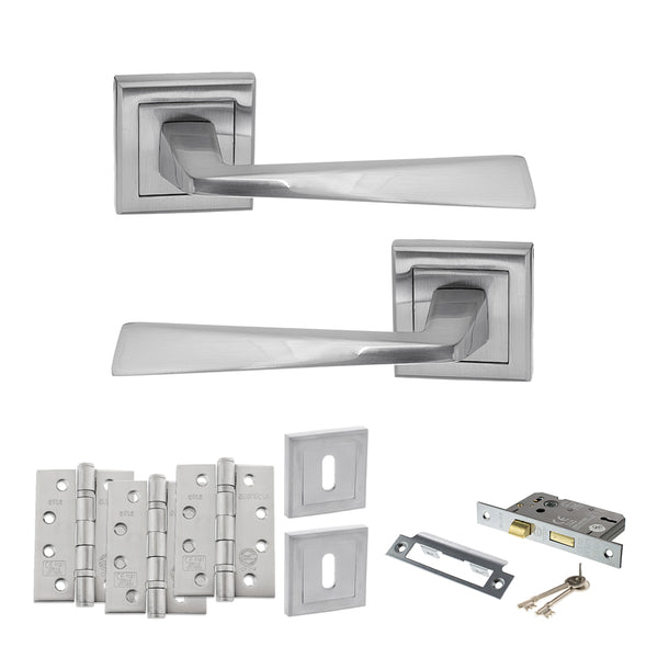STATUS California Door Handle Pack (3 Lever Lock Set - 2.5" CE Sashlock, 4" Fire Rated Hinges x3) - Satin Chrome - ADPS23SSC16 - Choice Handles