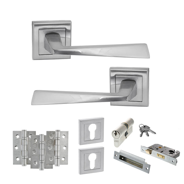 STATUS California Door Handle Pack (Euro Lock Set - 2.5" CE Sashlock, 3" Fire Rated Hinges x3) - Satin Chrome - ADPS23SSC20 - Choice Handles
