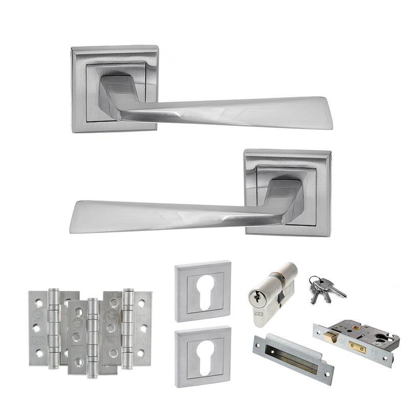 STATUS California Door Handle Pack (Euro Lock Set - 2.5" CE Sashlock, 3" Fire Rated Hinges x3) - Satin Chrome - ADPS23SSC20 - Choice Handles