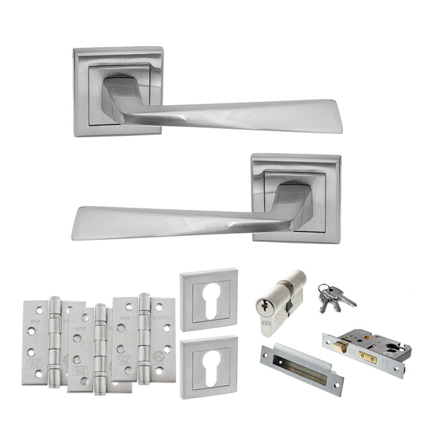 STATUS California Door Handle Pack (Euro Lock Set - 2.5" CE Sashlock, 4" Fire Rated Hinges x3) - Satin Chrome - ADPS23SSC22 - Choice Handles