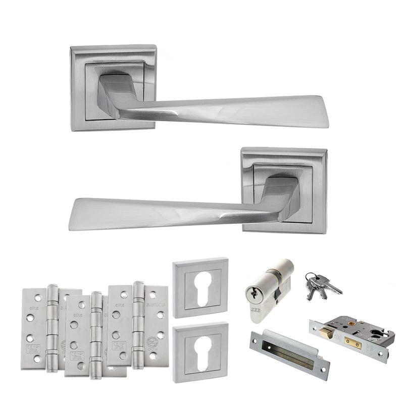 STATUS California Door Handle Pack (Euro Lock Set - 2.5" CE Sashlock, 4" Fire Rated Hinges x3) - Satin Chrome - ADPS23SSC22 - Choice Handles