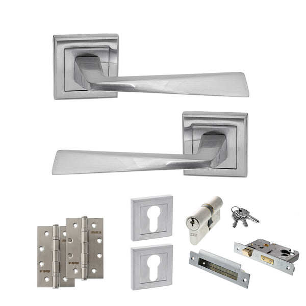 STATUS California Door Handle Pack (Euro Lock Set - 2.5" CE Sashlock, 4" Slim Knuckle Hinges x2) - Satin Chrome - ADPS23SSC24 - Choice Handles