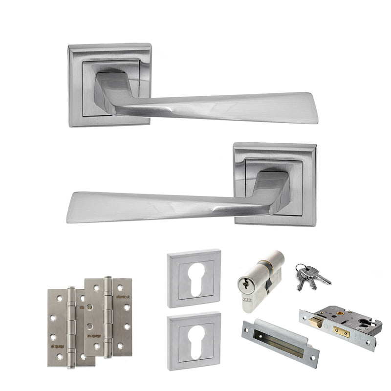 STATUS California Door Handle Pack (Euro Lock Set - 2.5" CE Sashlock, 4" Slim Knuckle Hinges x2) - Satin Chrome - ADPS23SSC24 - Choice Handles