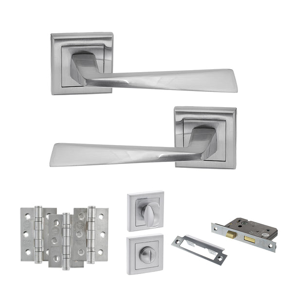 STATUS California Door Handle Pack (Bathroom Set - 2.5" CE Bathroom Lock, 3" Fire Rated Hinges x3) - Satin Chrome - ADPS23SSC8 - Choice Handles