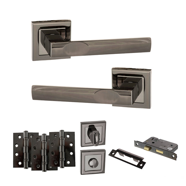 STATUS Kansas Door Handle Pack (Bathroom Set - 2.5" CE Bathroom Lock, 4" Fire Rated Hinges x3) - Black Nickel - ADPS24SBN10 - Choice Handles