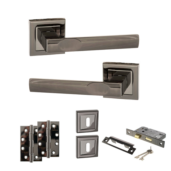 STATUS Kansas Door Handle Pack (3 Lever Lock Set - 2.5" CE Sashlock, 4" Slim Knuckle Hinges x2) - Black Nickel - ADPS24SBN18 - Choice Handles