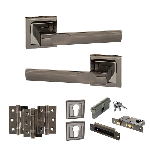 STATUS Kansas Door Handle Pack (Euro Lock Set - 2.5" CE Sashlock, 3" Fire Rated Hinges x3) - Black Nickel - ADPS24SBN20 - Choice Handles