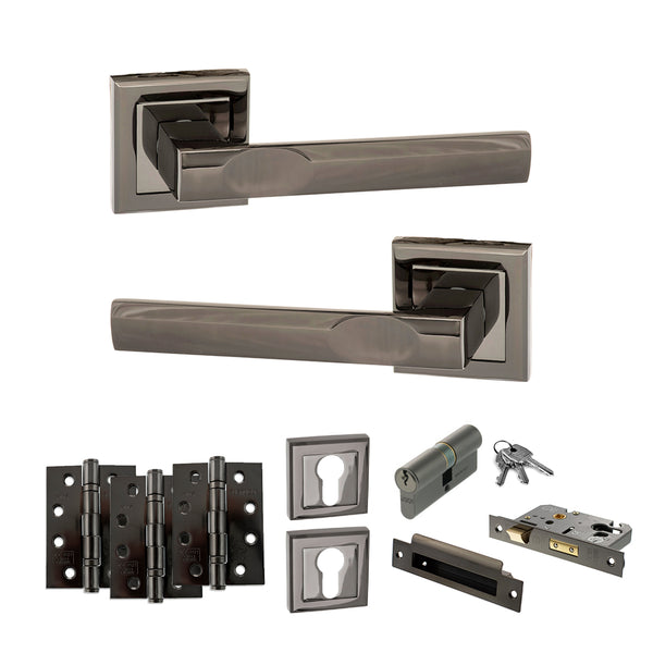 STATUS Kansas Door Handle Pack (Euro Lock Set - 2.5" CE Sashlock, 4" Fire Rated Hinges x3) - Black Nickel - ADPS24SBN22 - Choice Handles