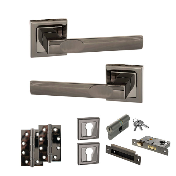 STATUS Kansas Door Handle Pack (Euro Lock Set - 3" CE Sashlock, 4" Slim Knuckle Hinges x2) - Black Nickel - ADPS24SBN25 - Choice Handles
