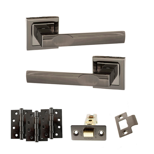 STATUS Kansas Door Handle Pack (Latch Set - 3" CE Latch, 4" Fire Rated Hinges x3) - Black Nickel - ADPS24SBN4 - Choice Handles