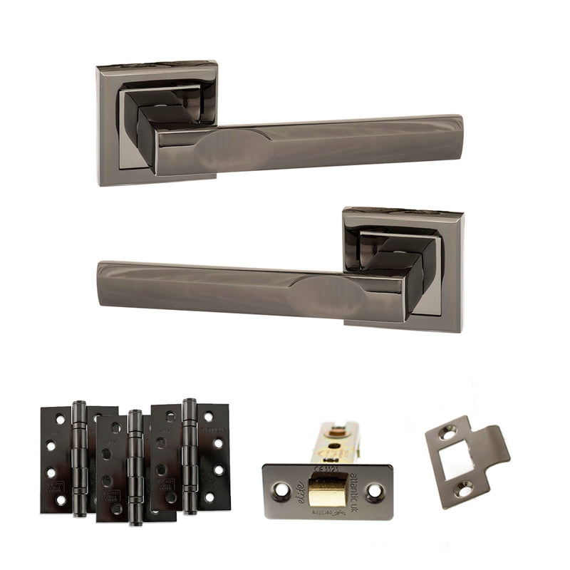 STATUS Kansas Door Handle Pack (Latch Set - 3" CE Latch, 4" Fire Rated Hinges x3) - Black Nickel - ADPS24SBN4 - Choice Handles