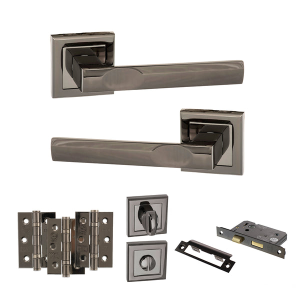 STATUS Kansas Door Handle Pack (Bathroom Set - 3" CE Bathroom Lock, 3" Fire Rated Hinges x3) - Black Nickel - ADPS24SBN9 - Choice Handles