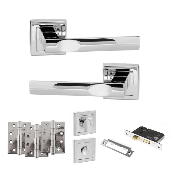 STATUS Kansas Door Handle Pack (Bathroom Set - 3" CE Bathroom Lock, 4" Fire Rated Hinges x3) - Polished Chrome - ADPS24SPC11 - Choice Handles
