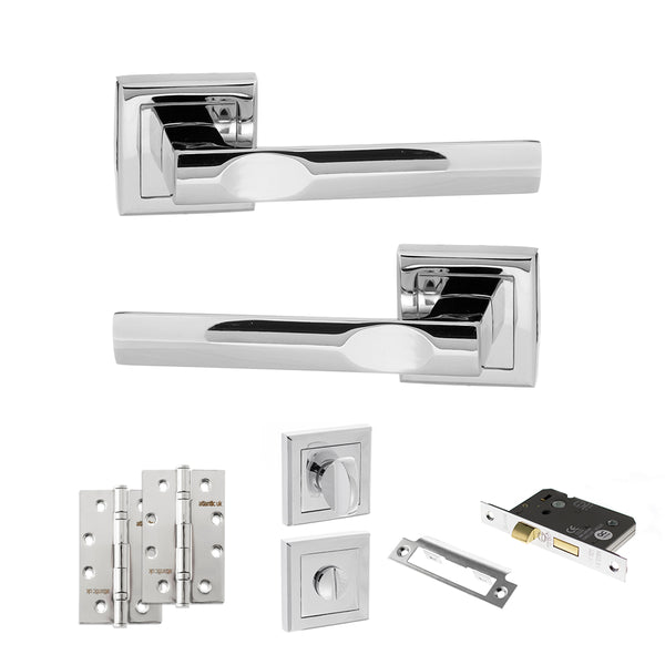 STATUS Kansas Door Handle Pack (Bathroom Set - 3" CE Bathroom Lock, 4" Slim Knuckle Hinges x2) - Polished Chrome - ADPS24SPC13 - Choice Handles