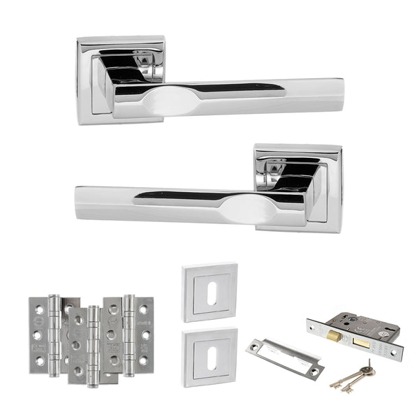 STATUS Kansas Door Handle Pack (3 Lever Lock Set - 2.5" CE Sashlock, 3" Fire Rated Hinges x3) - Polished Chrome - ADPS24SPC14 - Choice Handles