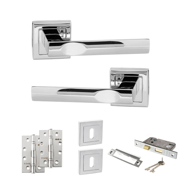 STATUS Kansas Door Handle Pack (3 Lever Lock Set - 3" CE Sashlock, 4" Slim Knuckle Hinges x2) - Polished Chrome - ADPS24SPC19 - Choice Handles