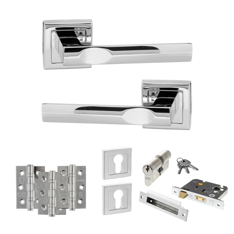 STATUS Kansas Door Handle Pack (Euro Lock Set - 3" CE Sashlock, 3" Fire Rated Hinges x3) - Polished Chrome - ADPS24SPC21 - Choice Handles