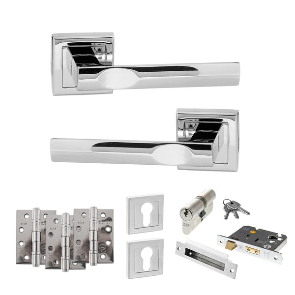 STATUS Kansas Door Handle Pack (Euro Lock Set - 3" CE Sashlock, 4" Fire Rated Hinges x3) - Polished Chrome - ADPS24SPC23 - Choice Handles