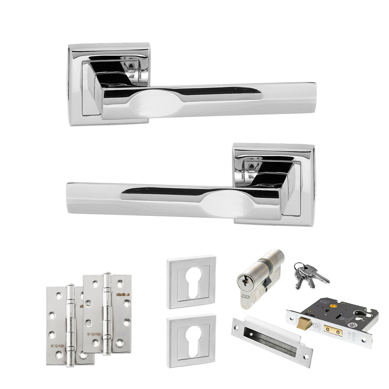 STATUS Kansas Door Handle Pack (Euro Lock Set - 2.5" CE Sashlock, 4" Slim Knuckle Hinges x2) - Polished Chrome - ADPS24SPC24 - Choice Handles